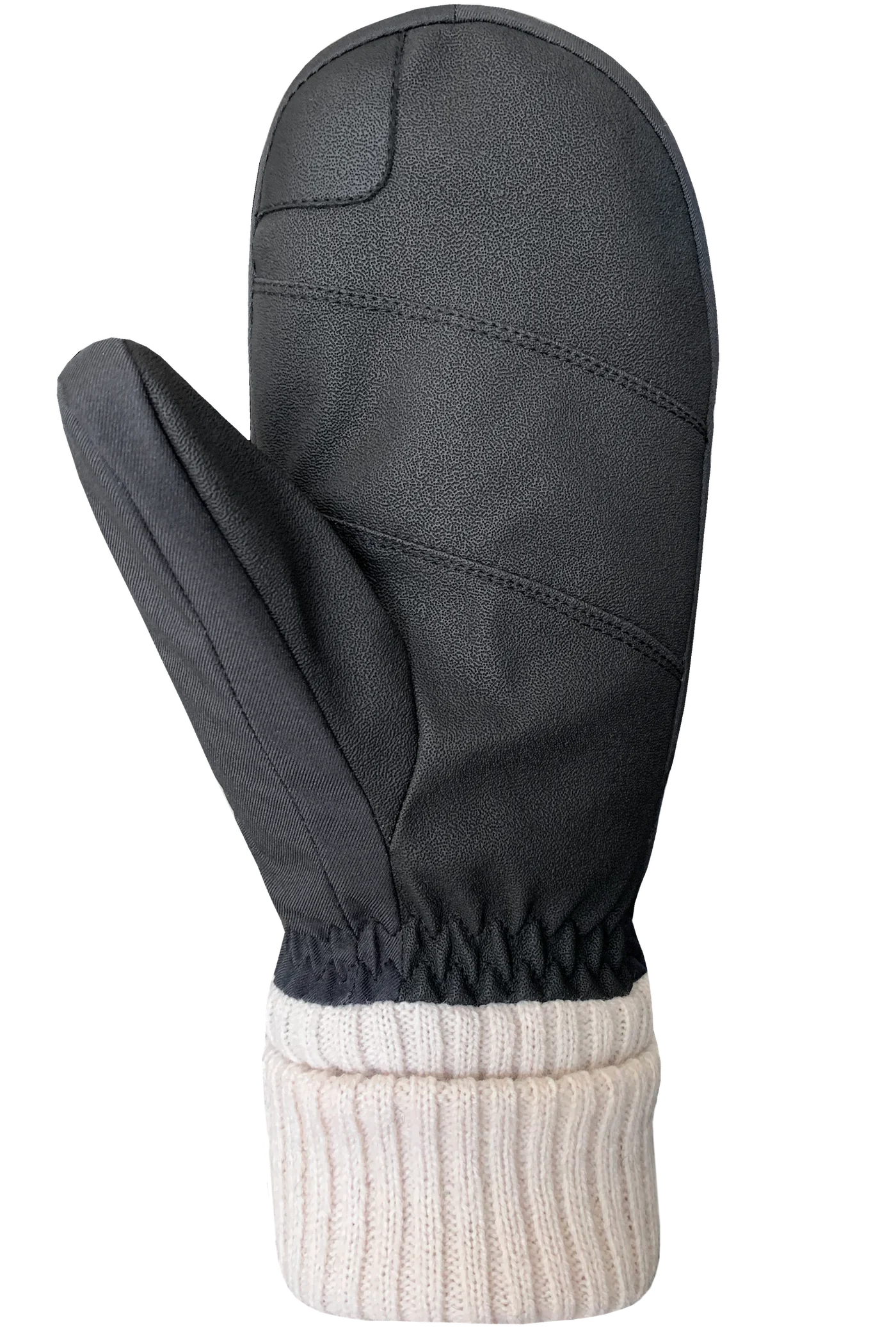 The Lea Mitts for women by AUCLAIR are black mittens with a padded outer surface, an elastic wrist, and a ribbed cream-colored knit cuff. They feature touchscreen compatibility and have a brown patch embossed with "AUCLAIR" near the cuff for stylish warmth.