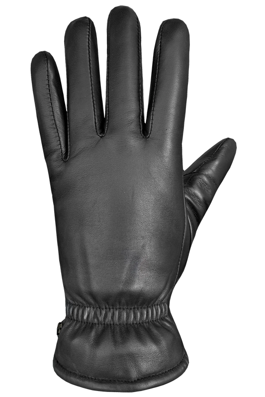 A single black Demi Glove for women by AUCLAIR, crafted from sheep leather with visible stitching around the fingers and wrist. The glove is displayed palm up with slightly spread fingers and features touchscreen compatibility for modern convenience.