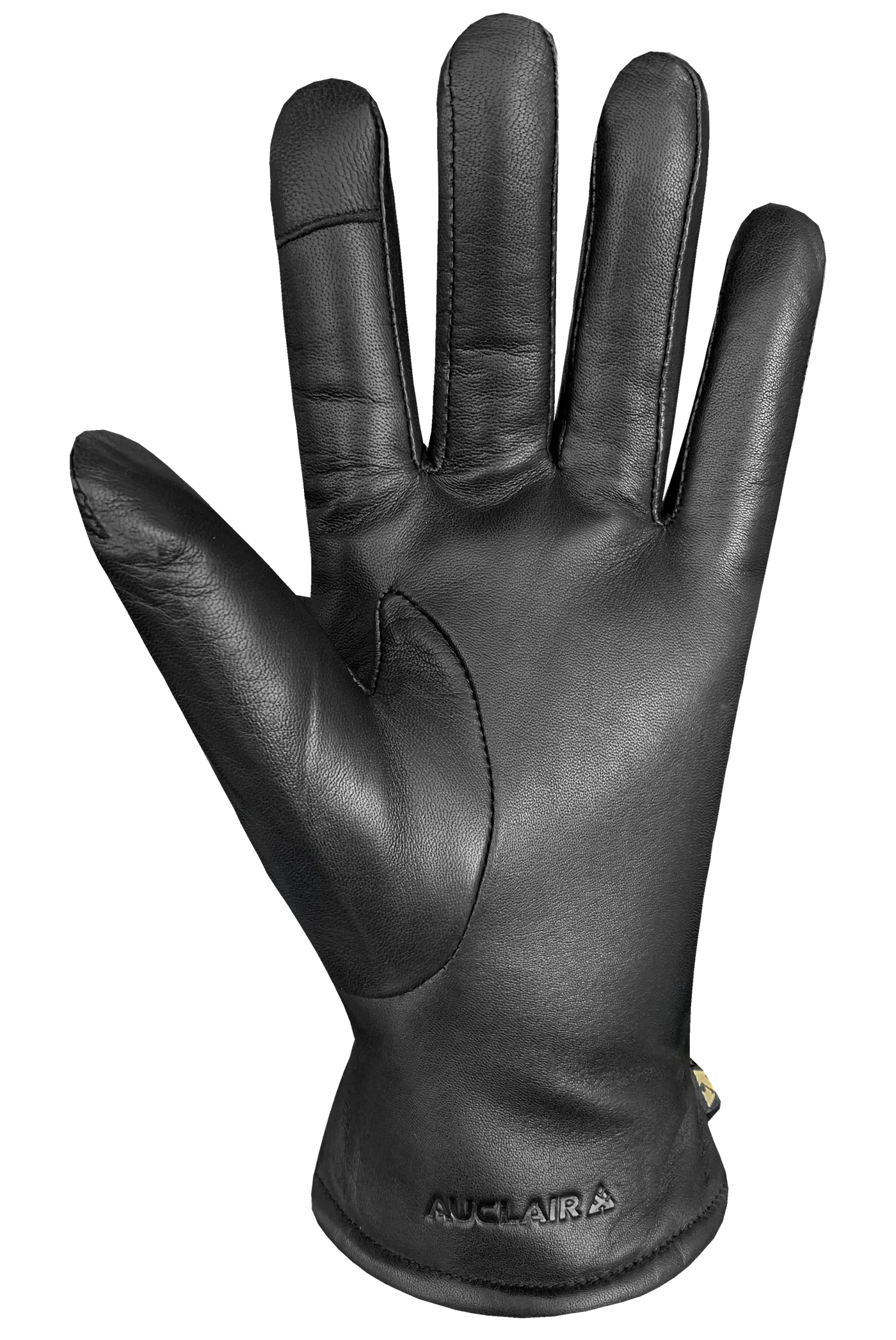 A single black Demi Glove for women by AUCLAIR, crafted from sheep leather with visible stitching around the fingers and wrist. The glove is displayed palm up with slightly spread fingers and features touchscreen compatibility for modern convenience.