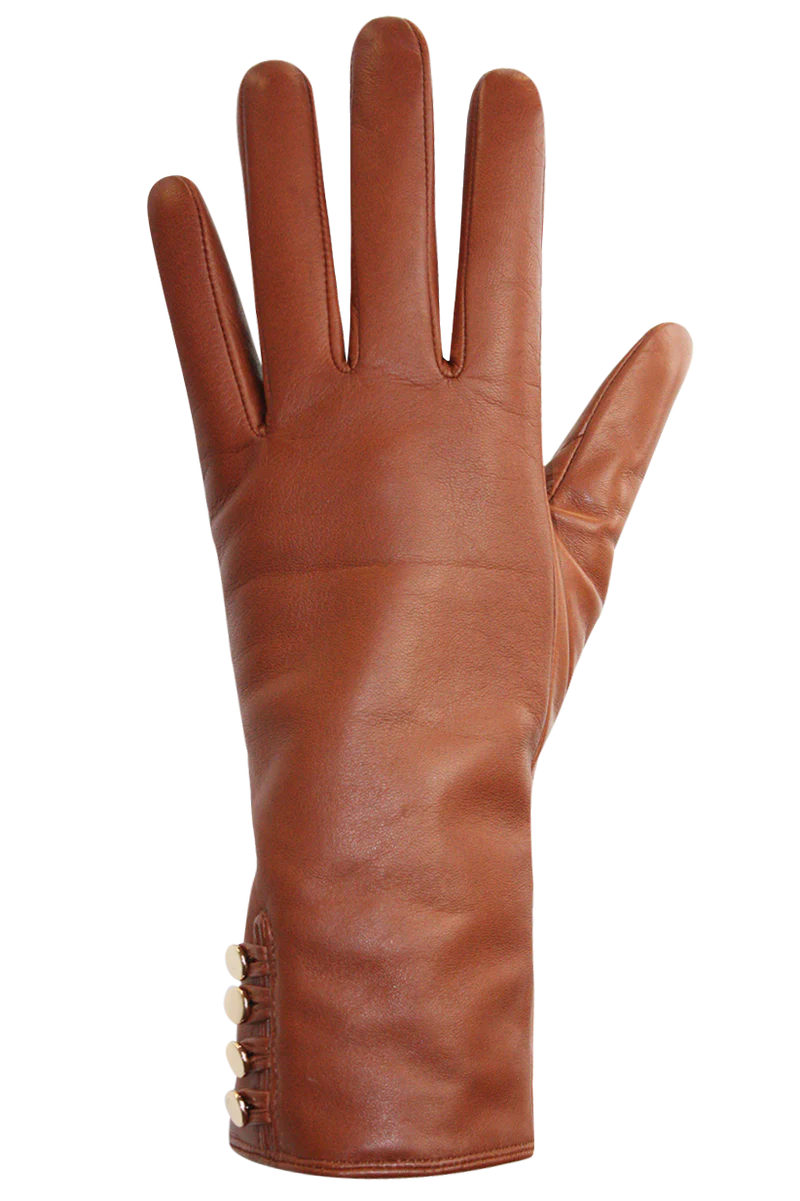 A single Yasmine Glove - Women by AUCLAIR, made of smooth brown sheep leather, is displayed with the palm side facing up. The glove has four visible fingers and a thumb, showcasing stitched detailing along the wrist area and featuring a luxurious cashmere lining for added comfort.