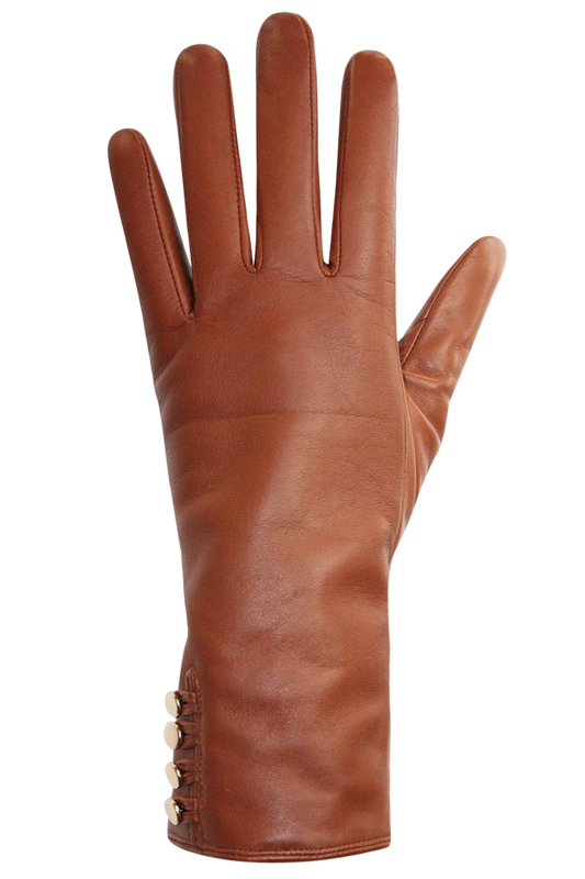 A single Yasmine Glove - Women by AUCLAIR, made of smooth brown sheep leather, is displayed with the palm side facing up. The glove has four visible fingers and a thumb, showcasing stitched detailing along the wrist area and featuring a luxurious cashmere lining for added comfort.