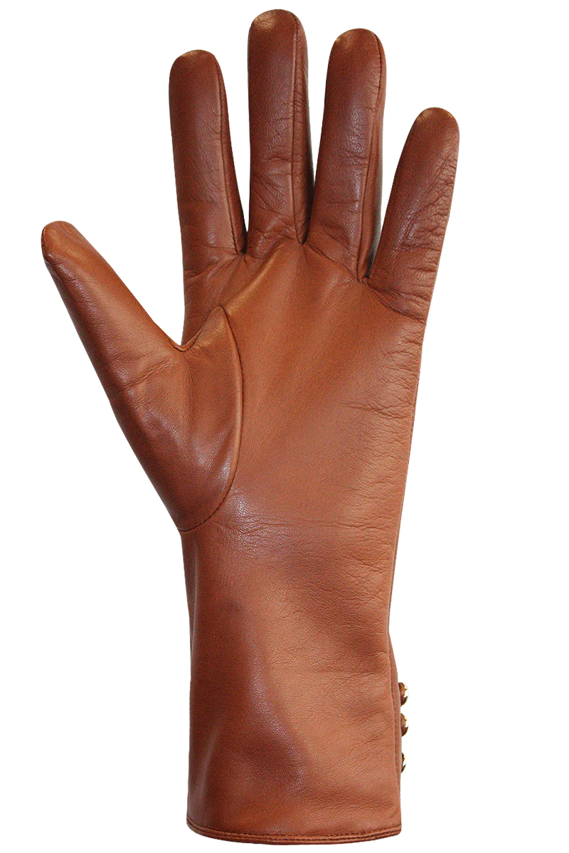 A single Yasmine Glove - Women by AUCLAIR, made of smooth brown sheep leather, is displayed with the palm side facing up. The glove has four visible fingers and a thumb, showcasing stitched detailing along the wrist area and featuring a luxurious cashmere lining for added comfort.