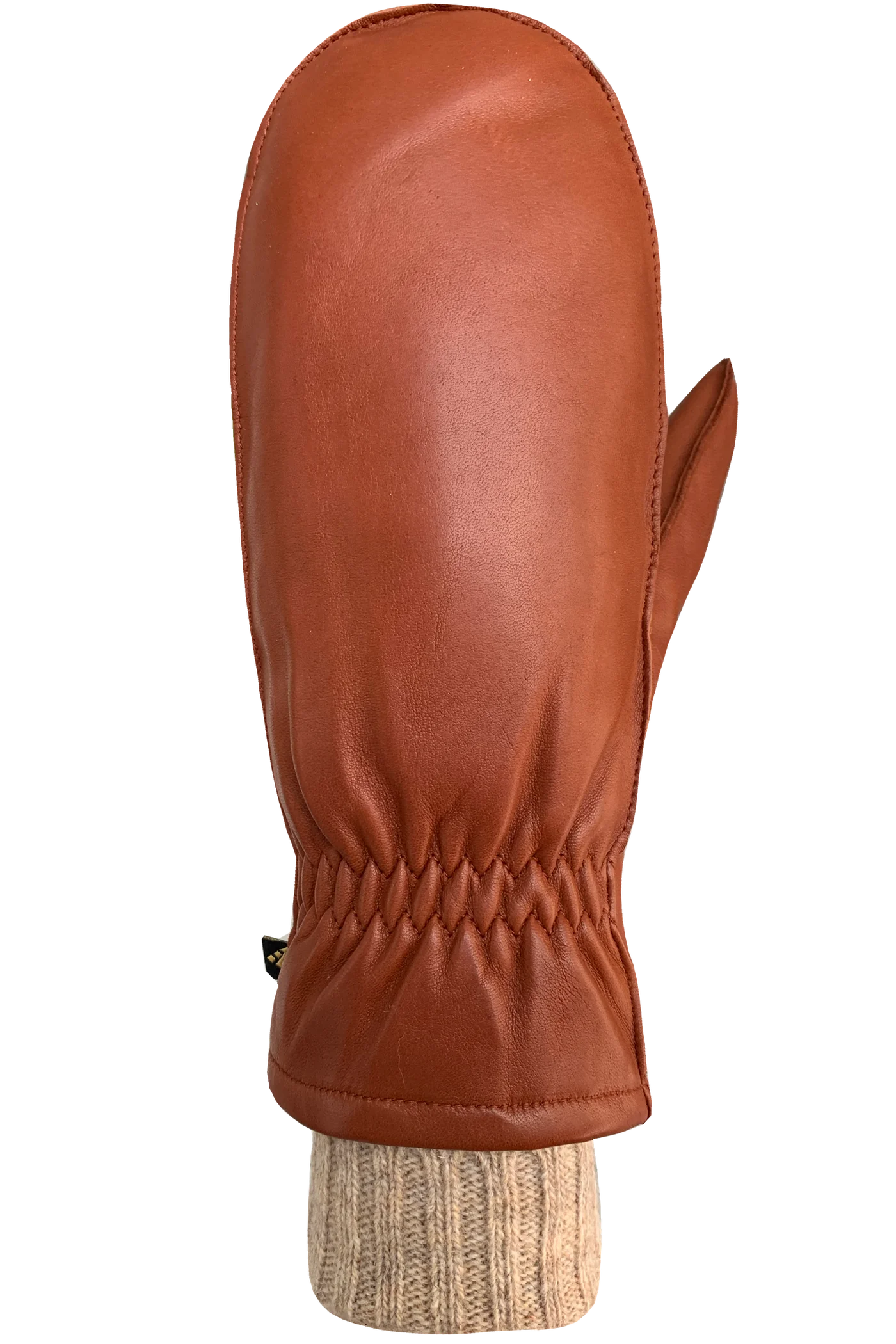 The Ashley Mitts - Women by AUCLAIR are displayed, featuring a single brown leather mitten with a beige knit cuff. Crafted from premium materials, the mitten includes stitching detail along the wrist and a small loop on the side. Positioned with the palm side facing the viewer, it showcases its luxurious design characteristic of high-end mitts.