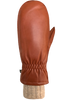 The Ashley Mitts - Women by AUCLAIR are displayed, featuring a single brown leather mitten with a beige knit cuff. Crafted from premium materials, the mitten includes stitching detail along the wrist and a small loop on the side. Positioned with the palm side facing the viewer, it showcases its luxurious design characteristic of high-end mitts.