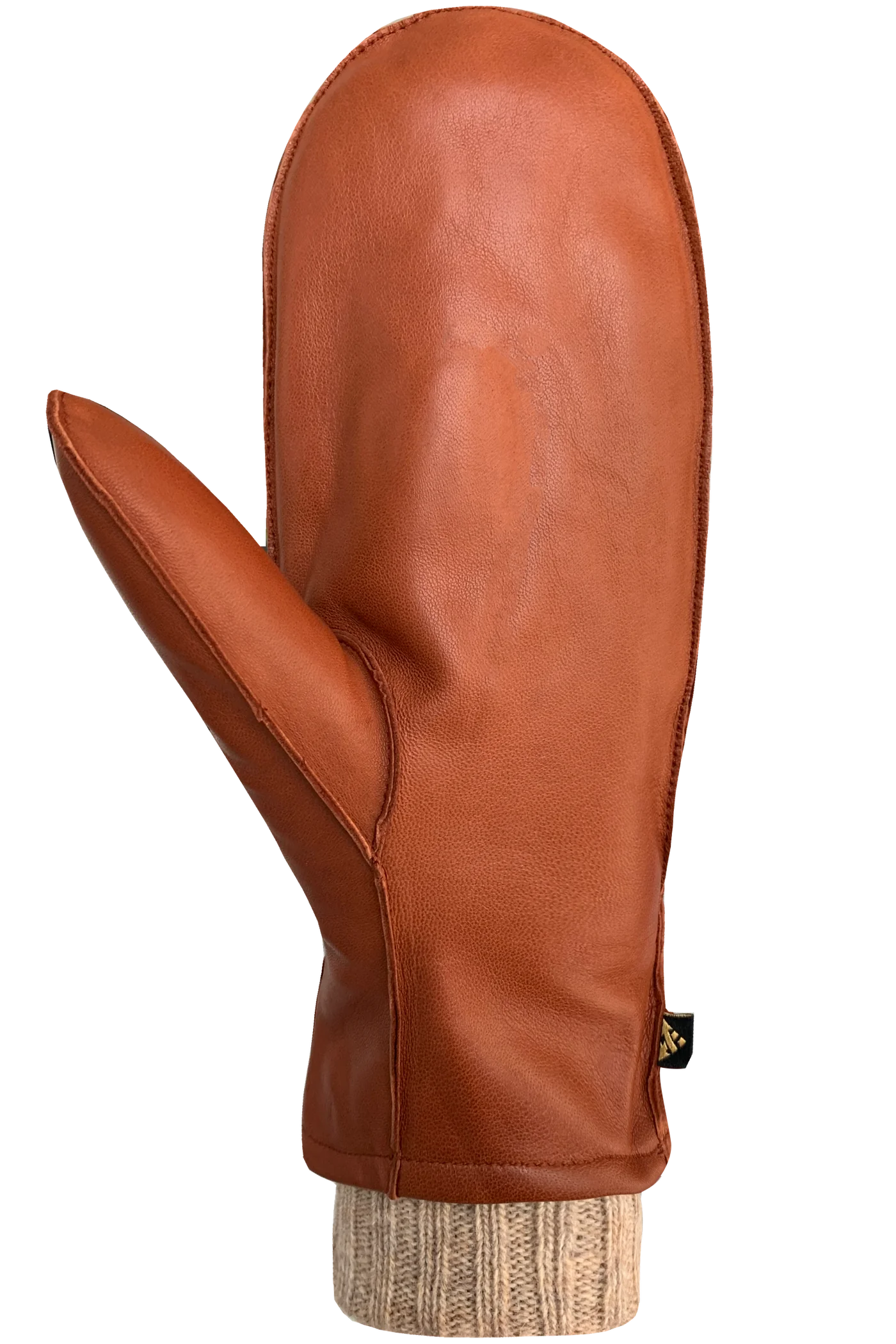 The Ashley Mitts - Women by AUCLAIR are displayed, featuring a single brown leather mitten with a beige knit cuff. Crafted from premium materials, the mitten includes stitching detail along the wrist and a small loop on the side. Positioned with the palm side facing the viewer, it showcases its luxurious design characteristic of high-end mitts.