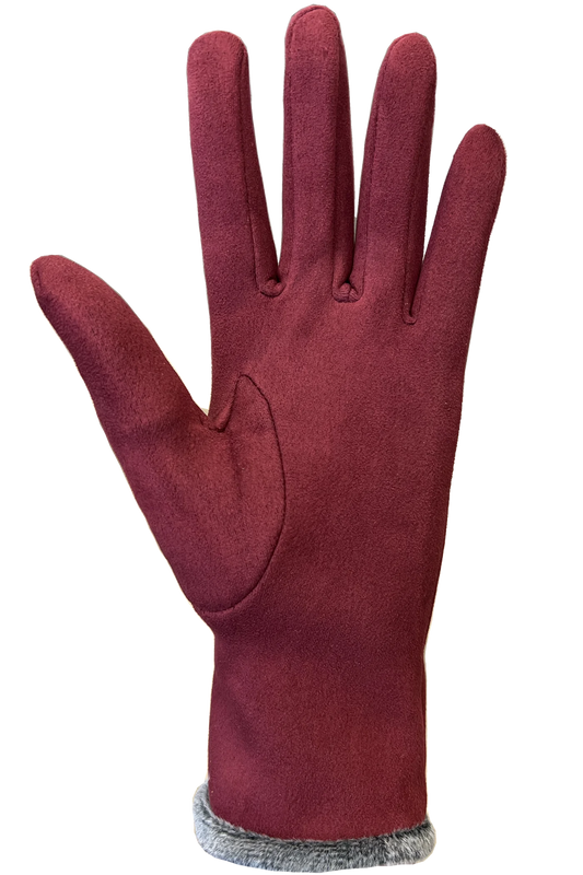 The Aria Glove for women, by AUCLAIR, is presented as a single red glove designed for the left hand. It features extended fingers and a stylish gray, fuzzy cuff at the wrist. The glove's material appears soft and velvety, likely crafted from polyester spandex.