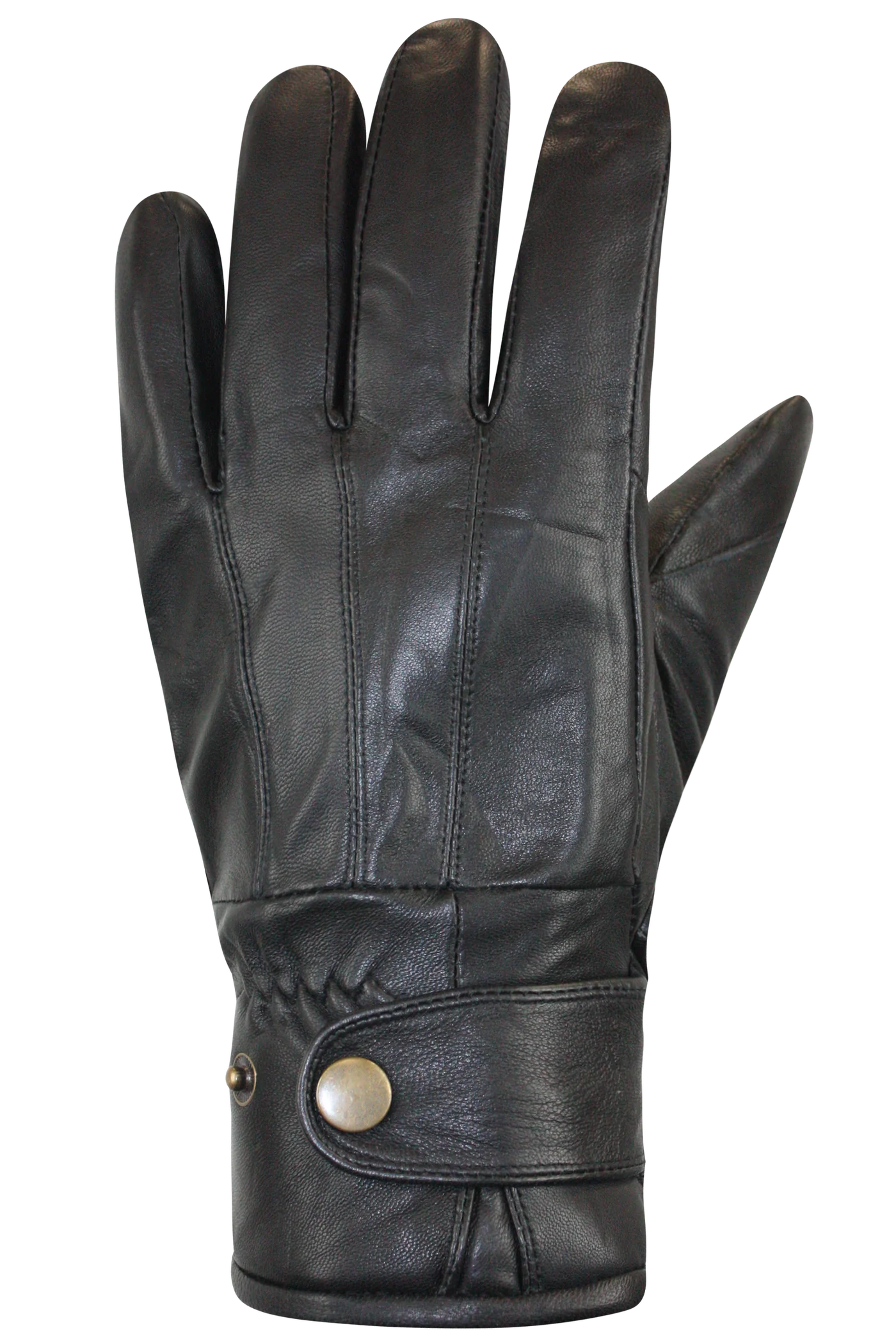 The Brody Gloves - Men’s by AUCLAIR are a black leather accessory with visible stitching, a soft texture, and a wrist strap secured by a metal snap button. These men's gloves feature a sleek, fitted design with gathered detailing at the wrist for both a secure fit and stylish appearance.