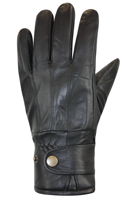 The Brody Gloves - Men’s by AUCLAIR are a black leather accessory with visible stitching, a soft texture, and a wrist strap secured by a metal snap button. These men's gloves feature a sleek, fitted design with gathered detailing at the wrist for both a secure fit and stylish appearance.