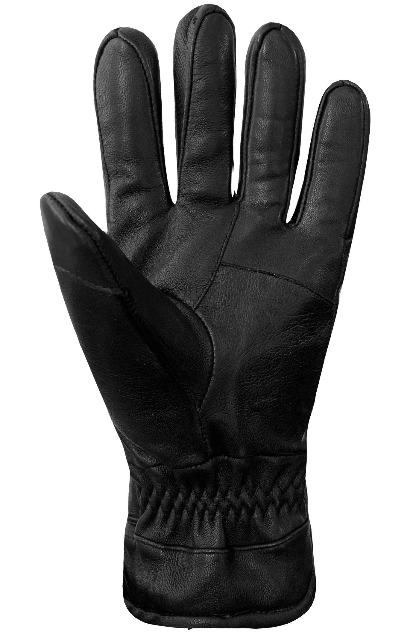 The Brody Gloves - Men’s by AUCLAIR are a black leather accessory with visible stitching, a soft texture, and a wrist strap secured by a metal snap button. These men's gloves feature a sleek, fitted design with gathered detailing at the wrist for both a secure fit and stylish appearance.