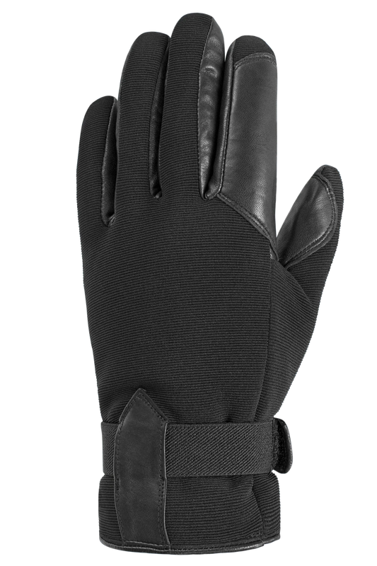 The AUCLAIR Miguel Gloves for men are black tactical gloves featuring a reinforced goat leather palm, a hook-and-loop wrist strap for an adjustable fit, and a durable fabric back. These versatile gloves are depicted with fingers pointing upwards.