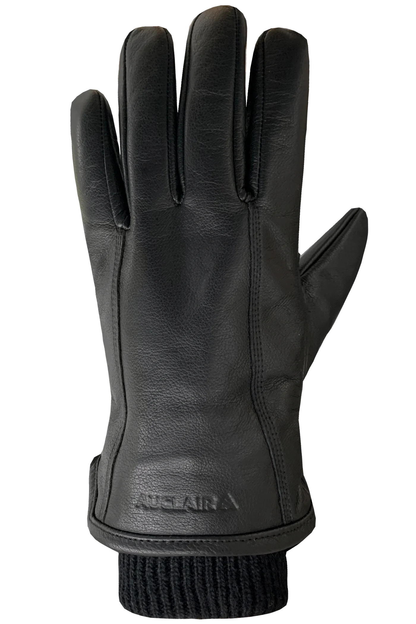 The Aiden Gloves - Men by AUCLAIR are made of black cow leather and feature detailed stitching along the fingers and back. The brand name "AUCLAIR" is embossed on the wrist area. These gloves have a ribbed knit cuff at the wrist for added comfort and durable warmth, all set against a plain white background.