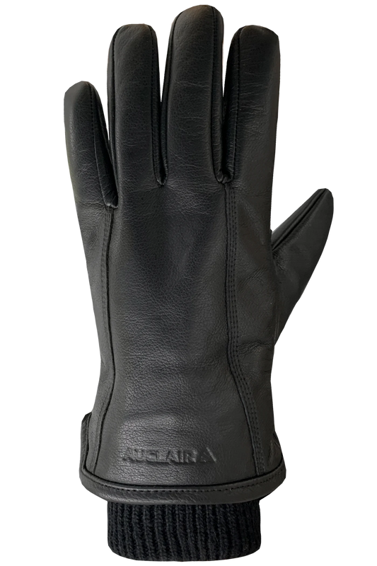 The Aiden Gloves - Men by AUCLAIR are made of black cow leather and feature detailed stitching along the fingers and back. The brand name "AUCLAIR" is embossed on the wrist area. These gloves have a ribbed knit cuff at the wrist for added comfort and durable warmth, all set against a plain white background.