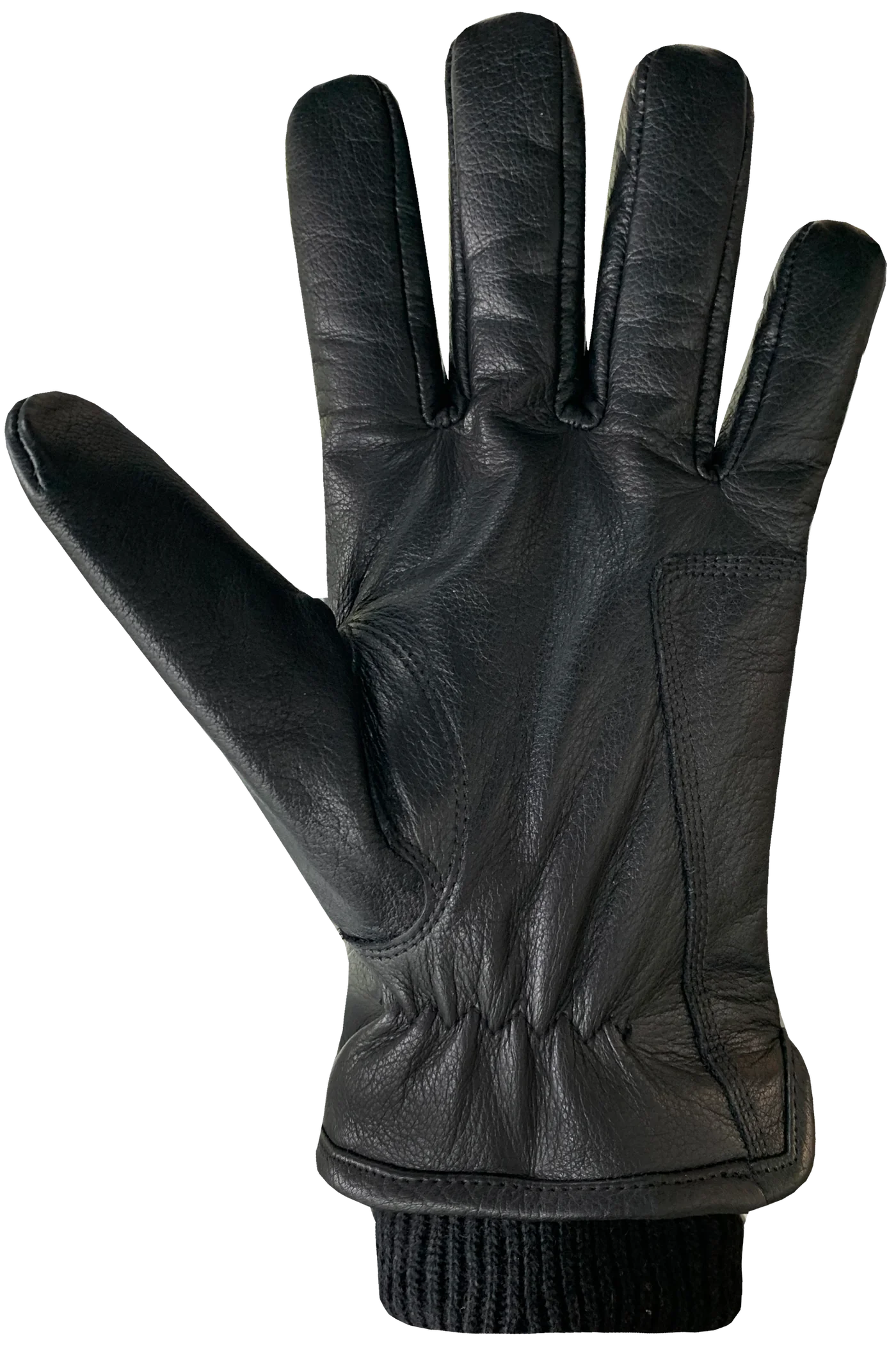 The Aiden Gloves - Men by AUCLAIR are made of black cow leather and feature detailed stitching along the fingers and back. The brand name "AUCLAIR" is embossed on the wrist area. These gloves have a ribbed knit cuff at the wrist for added comfort and durable warmth, all set against a plain white background.