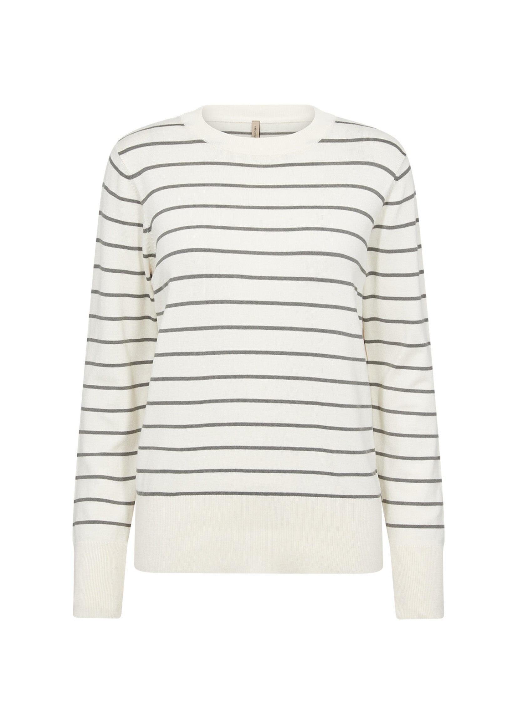 The SoyaConcept SC-EIREEN STRIPE 11 SWEATSHIRT MISTY is a white long-sleeve sweater with evenly spaced horizontal black stripes. Featuring a crew neckline and ribbed cuffs and hem, this stylish sweater from SoyaConcept offers a comfortable fit against a plain white background.