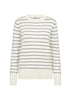 The SoyaConcept SC-EIREEN STRIPE 11 SWEATSHIRT MISTY is a white long-sleeve sweater with evenly spaced horizontal black stripes. Featuring a crew neckline and ribbed cuffs and hem, this stylish sweater from SoyaConcept offers a comfortable fit against a plain white background.