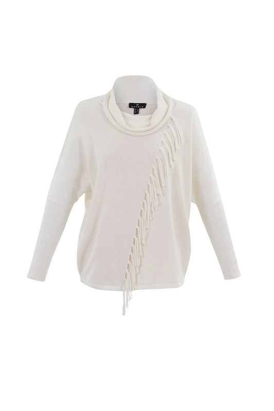 The Marble brand product, Sweater 6373-104 MARBLE, is a white, long-sleeved cotton sweater featuring a cowl neck and decorative fringe detailing that starts from the neckline and runs diagonally across the front. This high-quality sweater has a relaxed fit and ribbed cuffs on the sleeves.