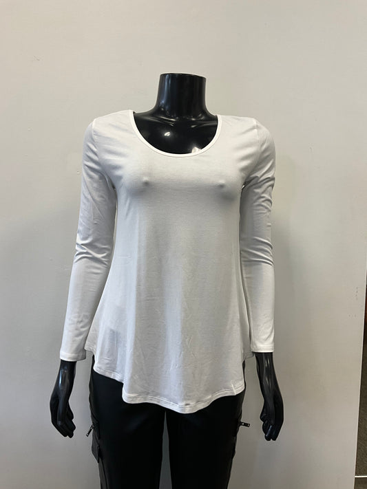 A black mannequin dressed in an ETERNELLE Top Round Neck - Eternelle, a long-sleeved white shirt with a scooped neckline and a slightly flared bottom. The elegant garment, meticulously crafted in Italy, is set against a plain, light-colored background. Only the upper torso of the mannequin is visible, with no accessories in sight.