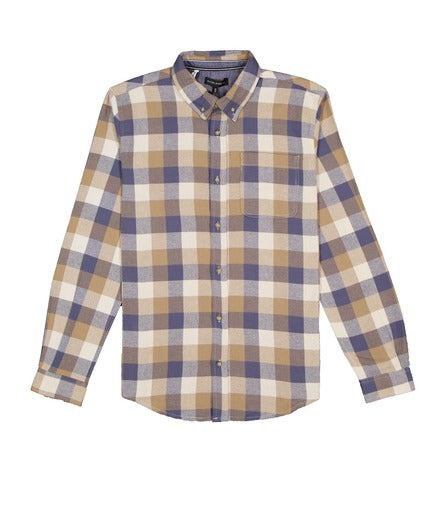 The Silver Jeans Co. Men’s Plaid Flannel Shirt is a stylish and comfortable long-sleeved, button-down shirt with a classic plaid design featuring beige, white, and blue squares. It includes a front pocket on the left side and a buttoned collar.