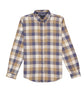 The Silver Jeans Co. Men’s Plaid Flannel Shirt is a stylish and comfortable long-sleeved, button-down shirt with a classic plaid design featuring beige, white, and blue squares. It includes a front pocket on the left side and a buttoned collar.