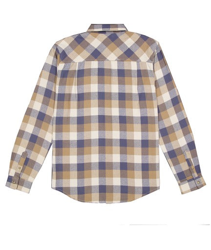 The Silver Jeans Co. Men’s Plaid Flannel Shirt is a stylish and comfortable long-sleeved, button-down shirt with a classic plaid design featuring beige, white, and blue squares. It includes a front pocket on the left side and a buttoned collar.