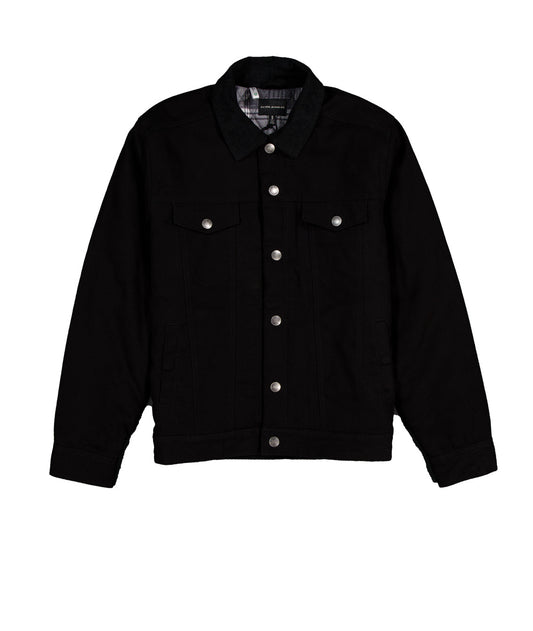 The Flannel Lined Jacket with Cord by Silver Jeans Co. is a black denim jacket featuring a button-up front and a collar. Made from 100% cotton, this jacket includes two chest pockets with button flaps, two side pockets, and silver metal buttons. The inside lining is plaid, making it the perfect flannel-lined jacket for any occasion.