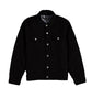 The Flannel Lined Jacket with Cord by Silver Jeans Co. is a black denim jacket featuring a button-up front and a collar. Made from 100% cotton, this jacket includes two chest pockets with button flaps, two side pockets, and silver metal buttons. The inside lining is plaid, making it the perfect flannel-lined jacket for any occasion.