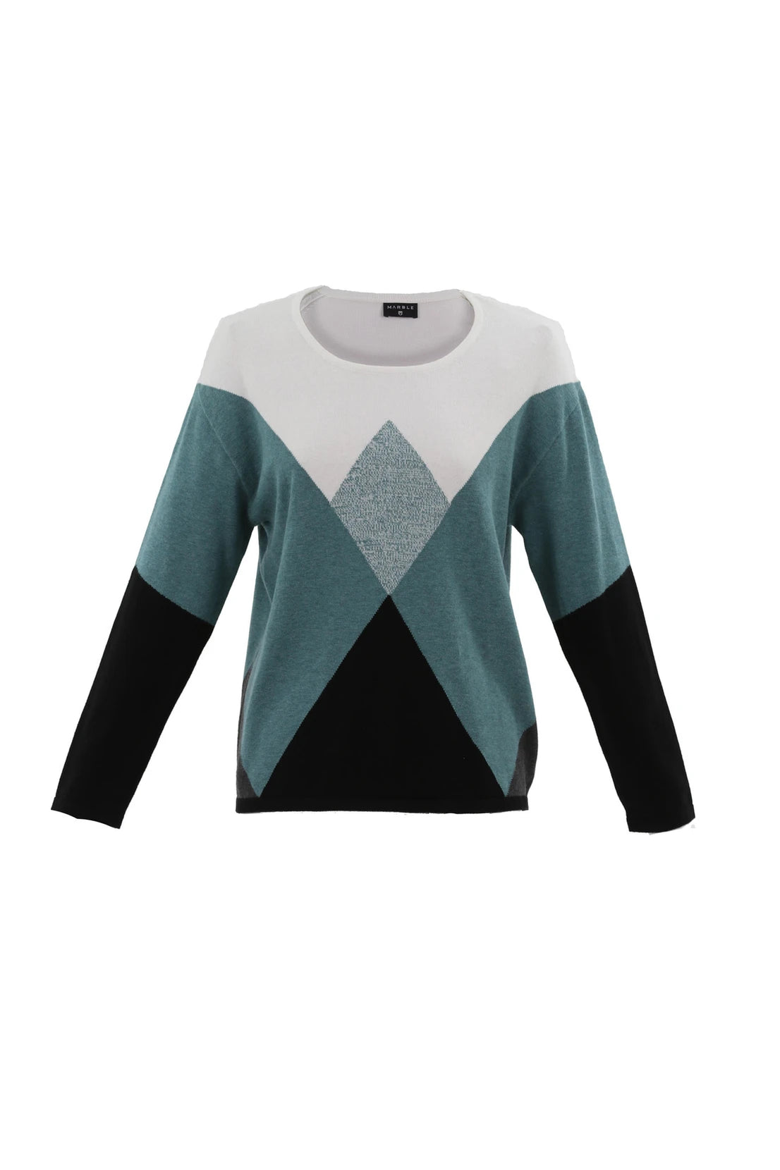 The Marble Sweater-7605 from MARBLE is a long-sleeved, color-block masterpiece featuring a sophisticated design. Its upper section is white with a central gray diamond, transitioning to teal in the middle part, and solid black covering the lower sleeves and waist area. A round neckline completes this trendy triangle pattern look.