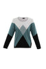 The Marble Sweater-7605 from MARBLE is a long-sleeved, color-block masterpiece featuring a sophisticated design. Its upper section is white with a central gray diamond, transitioning to teal in the middle part, and solid black covering the lower sleeves and waist area. A round neckline completes this trendy triangle pattern look.