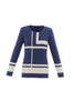 The Marble Sweater-7552 by MARBLE is a long-sleeved, blue sweater crafted from premium materials. It features a modern, stylish design with white lines forming large squares and rectangles in a geometric pattern and has a round neckline.
