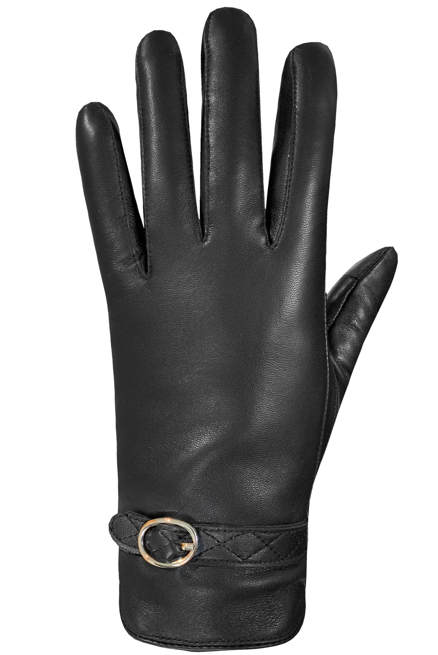 The Maisie Gloves by AUCLAIR, crafted from black sheep leather, feature a decorative strap with a small buckle at the wrist. Displayed palm down, the gloves highlight their sleek design and smooth finish while offering a micropile lining for extra warmth. For modern convenience, these stylish gloves are also touchscreen compatible.