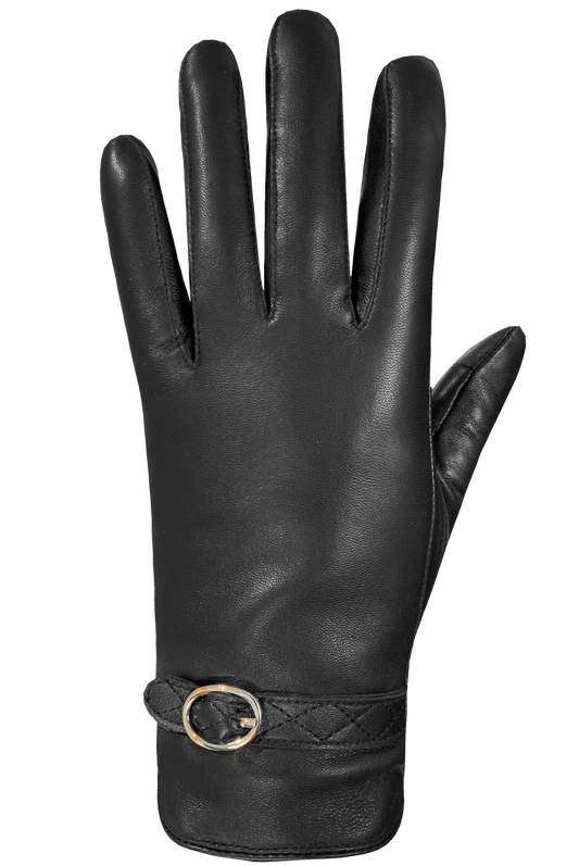 The Maisie Gloves by AUCLAIR, crafted from black sheep leather, feature a decorative strap with a small buckle at the wrist. Displayed palm down, the gloves highlight their sleek design and smooth finish while offering a micropile lining for extra warmth. For modern convenience, these stylish gloves are also touchscreen compatible.