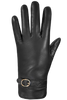 The Maisie Gloves by AUCLAIR, crafted from black sheep leather, feature a decorative strap with a small buckle at the wrist. Displayed palm down, the gloves highlight their sleek design and smooth finish while offering a micropile lining for extra warmth. For modern convenience, these stylish gloves are also touchscreen compatible.