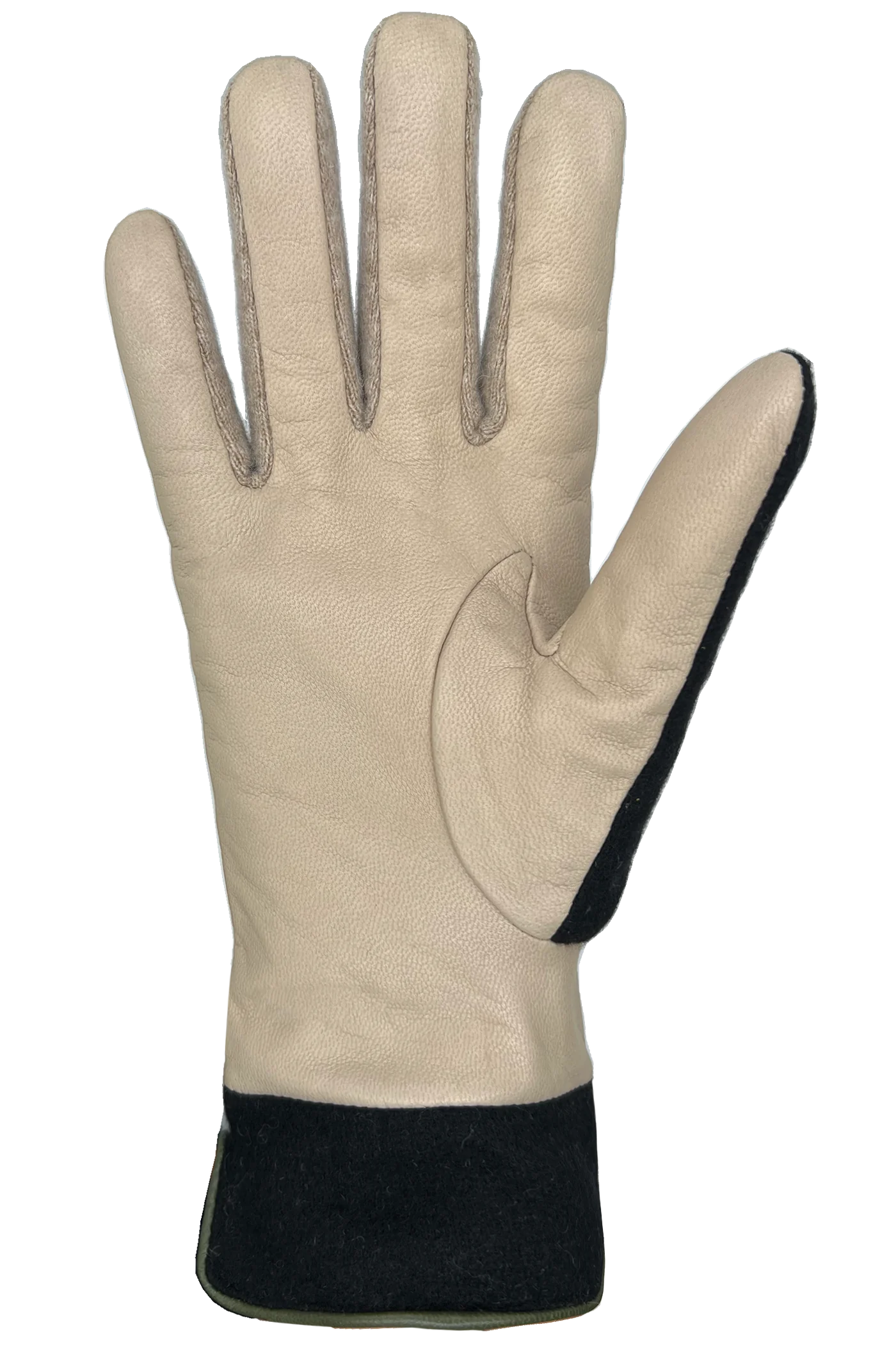 The Marie Gloves by AUCLAIR, made of beige goat leather with a black trim at the wrist, are displayed palm side up with fingers spread, showcasing their exquisite craftsmanship against a white background.