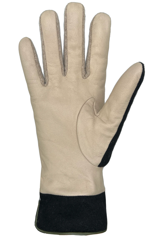 The Marie Gloves by AUCLAIR, made of beige goat leather with a black trim at the wrist, are displayed palm side up with fingers spread, showcasing their exquisite craftsmanship against a white background.