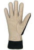The Marie Gloves by AUCLAIR, made of beige goat leather with a black trim at the wrist, are displayed palm side up with fingers spread, showcasing their exquisite craftsmanship against a white background.