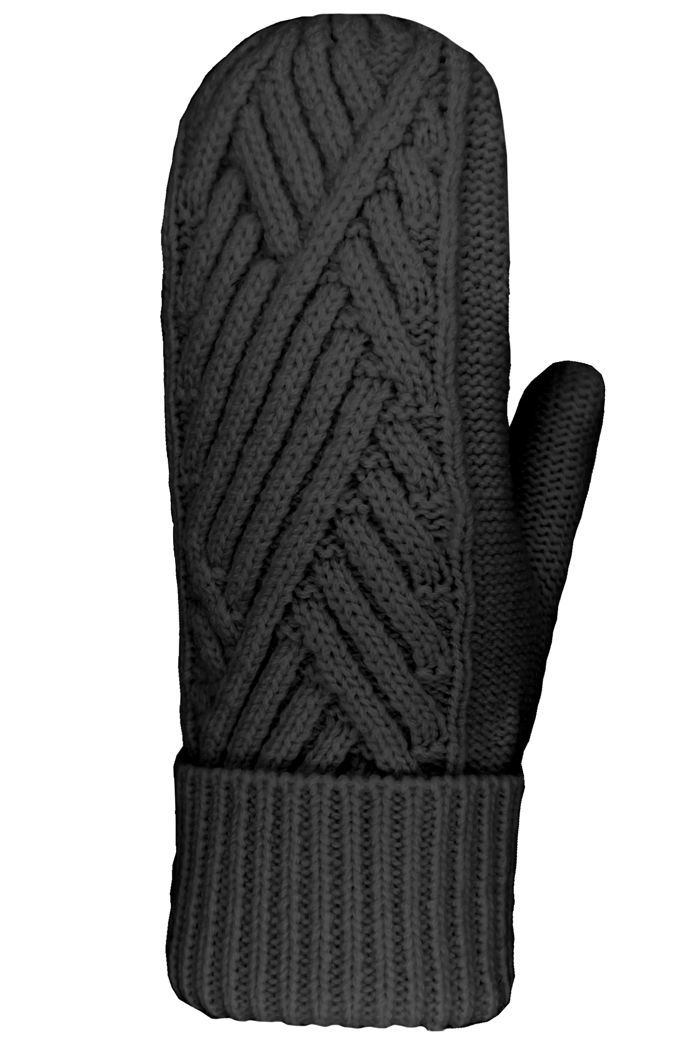 A lone Brylee Merino Mitt crafted from soft gray merino wool by AUCLAIR, featuring a stylish cable knit pattern and ribbed cuff, set against a white background.