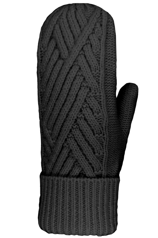 A lone Brylee Merino Mitt crafted from soft gray merino wool by AUCLAIR, featuring a stylish cable knit pattern and ribbed cuff, set against a white background.