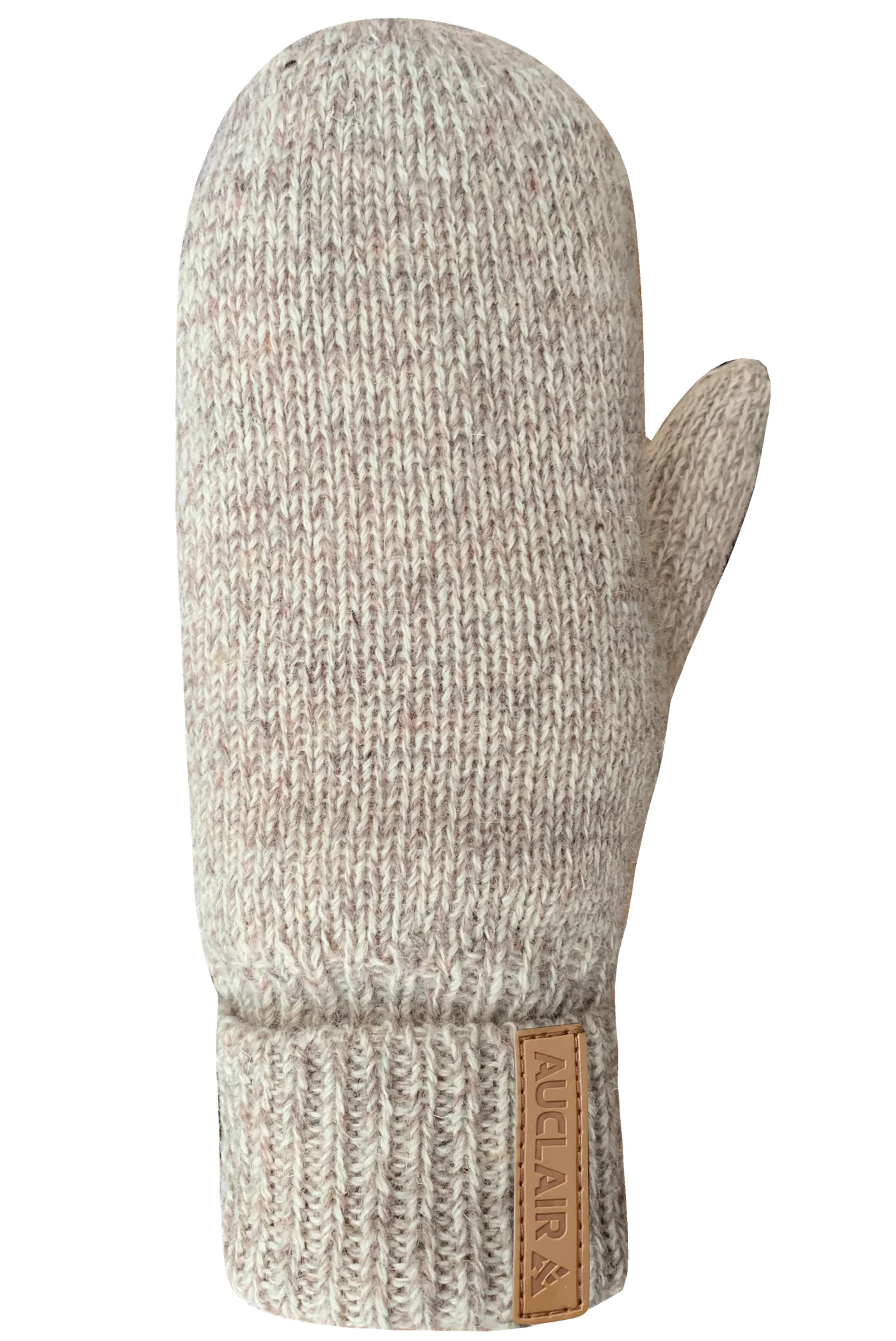 The Tessa Mitts by AUCLAIR feature a stylish design with a textured knit pattern. Crafted as wool mittens, these beige accessories have a ribbed cuff and an attached leather tag near the wrist that reads "AUCLAIR." Displayed with the thumb on the right side, they offer both fashion and functionality.