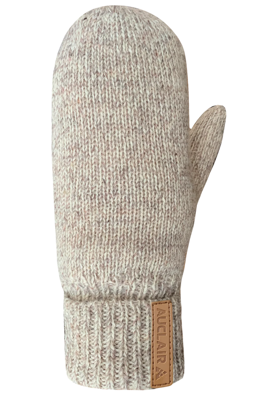 The Tessa Mitts by AUCLAIR feature a stylish design with a textured knit pattern. Crafted as wool mittens, these beige accessories have a ribbed cuff and an attached leather tag near the wrist that reads "AUCLAIR." Displayed with the thumb on the right side, they offer both fashion and functionality.