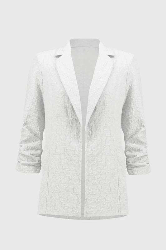 The Woven Jacquard Boxy Blazer 242034S25 by Joseph Ribkoff, displayed on a plain background, features a tailored fit with long sleeves, notched collar, and open front design for an elegant look.