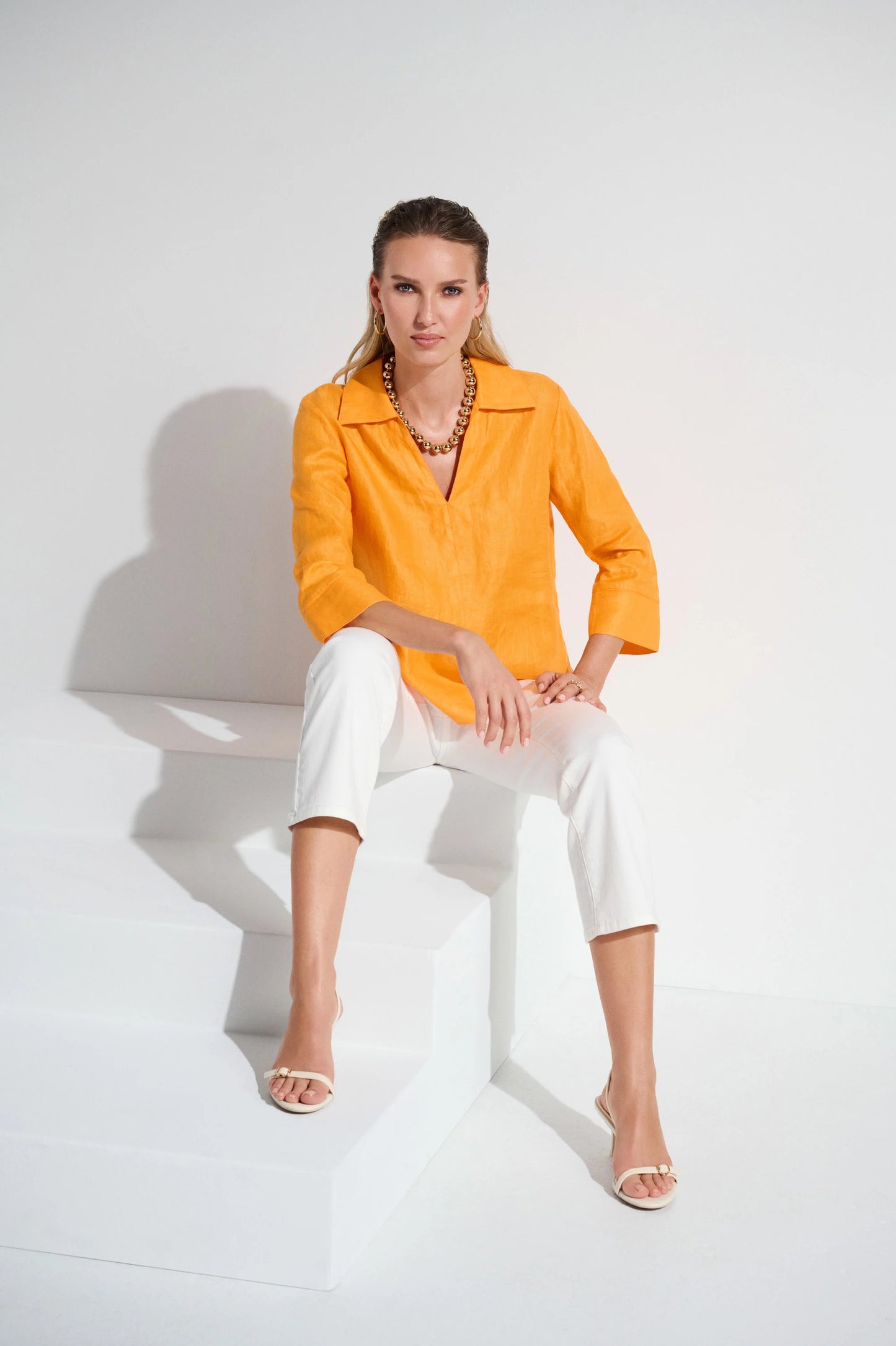 Linen Boxy Top with Shirt Collar 252933