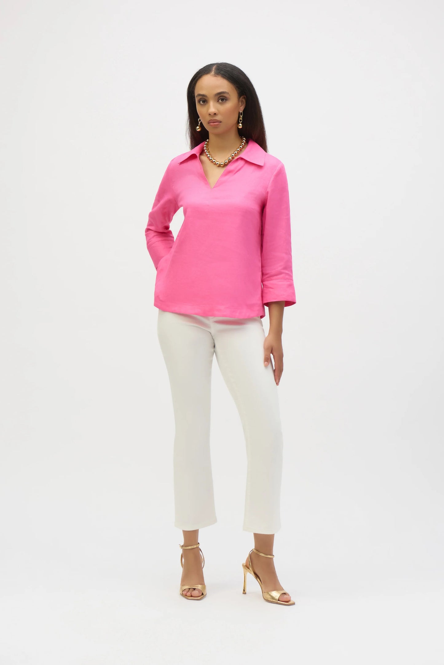 Linen Boxy Top with Shirt Collar 252933