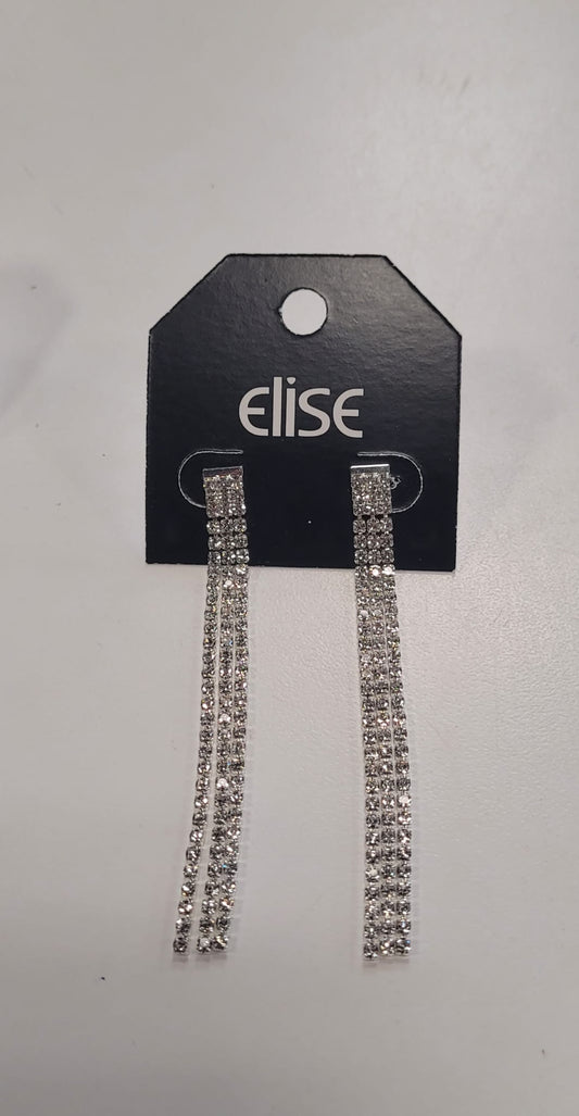 The Dana 91 Earrings by Elise accessories are long, silver dangle earrings with sparkling rhinestones and a crystal design, displayed on a black Elise card against a white background.