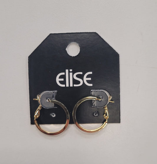 The Dana 75 Earrings by Elise accessories are stylish gold hoop earrings with square edge lever backs, displayed on a black "elise" card against a plain white background.