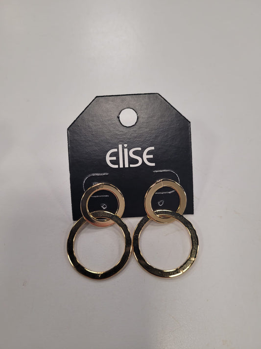 Dana 84 Earrings by Elise accessories showcase gold double hoops—one small, one larger and textured—presented on a black "elise" display card against a white surface, reflecting refined elegance.