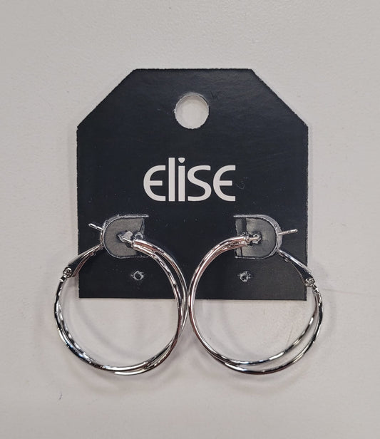 A pair of shiny silver Dana 81 Earrings by Elise accessories, displayed on a black Elise-branded card with a top hole against a light background—ideal for those who love classic gold and silver jewelry.