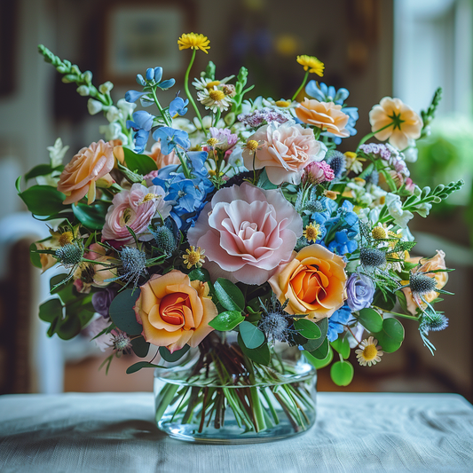 The Designer’s Choice Centrepiece by Posies Flowers & Fashion features a clear glass vase filled with a vibrant bouquet of assorted flowers, including pink roses, peach roses, blue delphiniums, and small yellow daisies. This exquisite flower arrangement is showcased on a table in the foreground of a softly lit room with blurred furniture and greenery in the background.