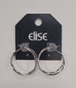 A pair of shiny silver Dana 81 Earrings by Elise accessories, displayed on a black Elise-branded card with a top hole against a light background—ideal for those who love classic gold and silver jewelry.