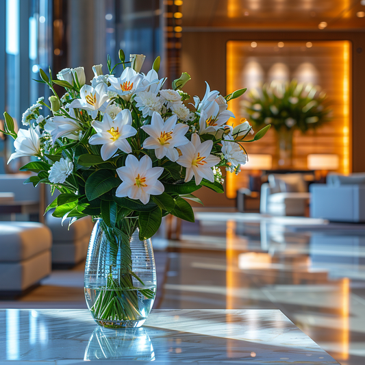 A Designer’s Choice Vase from Posies Flowers & Fashion, filled with white lilies and green foliage, graces a marble table in an elegantly modern room. Soft lighting and contemporary furniture in the background create a warm and inviting atmosphere, showcasing the artistry of floral designers, subject to availability.