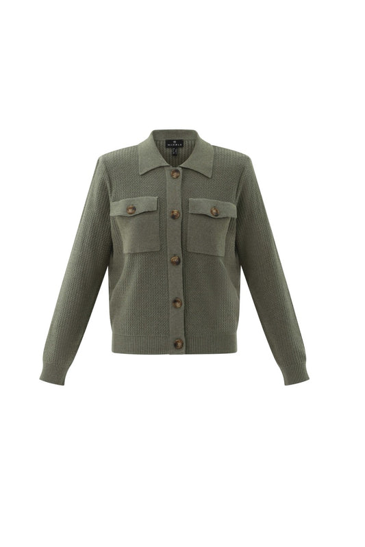 The Sweater 7352 MARBLE by MARBLE is a 100% cotton olive green button-up cardigan with a collar, two front pockets, and ribbed cuffs. Its fabric boasts a textured pattern for that high-quality sweater feel.